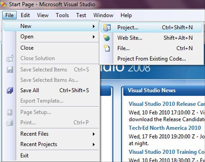 איך ליצור פרויקט  C חדש בVisual studio 2008